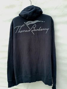 Thomas Burberry Hoodie Mens XL Black Embroidered Logo Back Print Made n Portugal - Picture 1 of 10