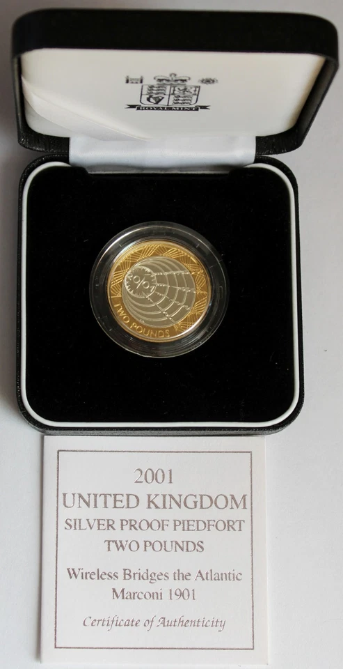2001 Marconi Wireless Bridges Atlantic Silver Proof Piedfort £2 Coin, Royal Mint - Image 1 of 4