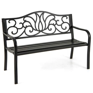 2-person Metal Bench w/ Floral Pattern Slanted Backrest Slatted Surface Black - Picture 1 of 10