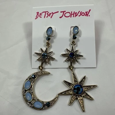 Betsey Johnson 耳环金色天体月亮和星星蓝色水钻口音 — 第 1/4 张图片