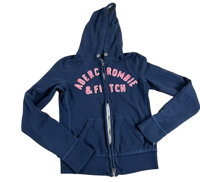 Abercrombie & Fitch Blue Double Zipper Sweater Women’s Small Pink Lettering - Image 1 of 4