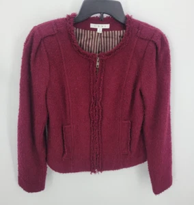 CABI Jacket Blazer Womens 4 Britt Maroon Boucle Tweed Fringe Trim Old Money Y2K - Picture 1 of 8