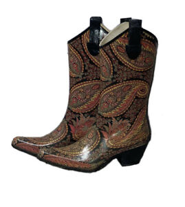 Corkys Nomad Yippy Sz 7 Cowboy Rain Rubber Boots Black Paisley Print  Western