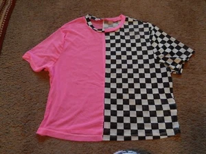 SHEIN 3X Mesh Sheer Top Pink and Black and White Checkered Patterned Stretch - Picture 1 of 7