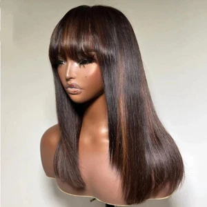 100% Human Hair Wig With Bangs Brazilian Remy  Highlight Brown Wig None Lace - Picture 1 of 3