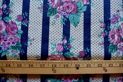 MAUVE  FLOWERS ON TAN BLUE  STRIPES  COTTON BLEND FABRIC  21X44 + INCHES VINTAGE - Image 1 of 2