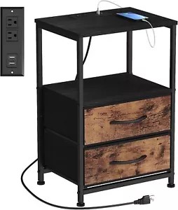 Nightstand End Side Table with USB Ports & Power Outlets Fabric Drawers Storage - Picture 1 of 7
