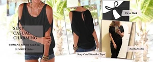 Women's Cold Shoulder O-Neck Short Sleeve Loose Fit Summer Shirt Blouse Tops New - Picture 1 of 18