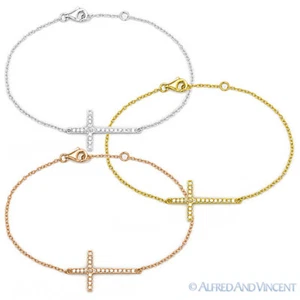 Pulsera de cadena de cristal Sideways Cross Christian Charm CZ en plata esterlina 0,925 - Imagen 1 de 4