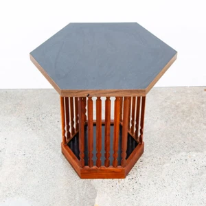 Mid Century Modern End Table Side Hexagon Arthur Umanoff Walnut Black Sculptural - Picture 1 of 12