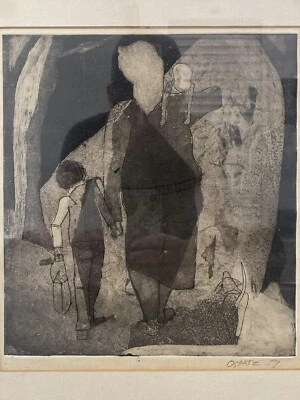 🔥 Litografia vintage cubista moderna mãe filho cachorro meados do século, OSHATZ 1959 - Imagem 1 de 4