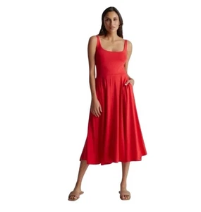 Quince Tencel Jersey Fit & Flare Midi Dress Sz S Pockets Sustainable Cherry Red - Picture 1 of 10