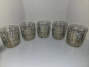 Set of 5 Vintage Georges Briard Glasses Snow Ski Pattern 22k Gold Trimmed VGC - Picture 1 of 6