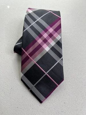 Corbata hecha a mano de seda con patrón a cuadros gris, púrpura Geoffrey Beene nueva sin etiquetas Foto 1 de 4