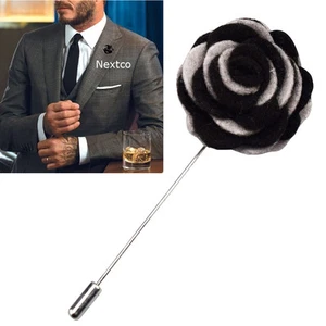 Men's Lapel Flower Camellia Boutonniere Stick Brooch Pin Shirt Suit Black Grey - Picture 1 of 2