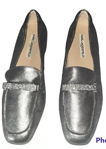 Karl Lagerfeld Paris Quigley Silver Metallic Loafer Flats Womens Sz 10 Embellish - Picture 1 of 5