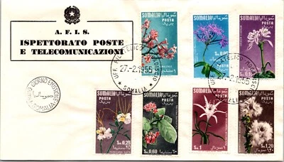 SOMALIA 1955 CACHET FDC COVER COMM FLOWERS SET MULT FRANKING CANC SOMALIA UNADDR - Imagem 1 de 2
