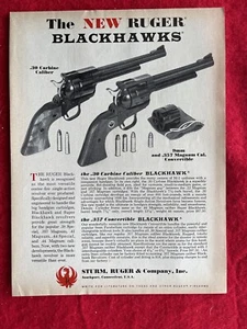 Pubblicità stampa vintage 1968 Ruger Blackhawks .30 carabina, 9 mm e .357 Magnum auto - Foto 1 di 7