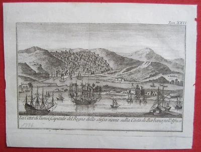Orig. Kupferstich Tunis Tunesien Hafen Port Küste Schiffe Nordafrika um 1776 - Bild 1 von 4