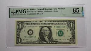 $1 1988 Near Solid Serial Number Federal Reserve Bank Note Bill UNC65 #66666646 - Picture 1 of 3