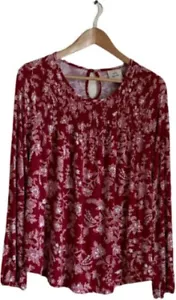 WOMEN'S FLORAL PRINT LONG SLEEVE KNIT TOP ROUND NECK- KNOX ROSE RED XS- NEW - Picture 1 of 2