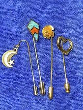 4 Vintage silver & gold Tone tone stick pin lot: Moon Heart Rose Teal Arrowhead