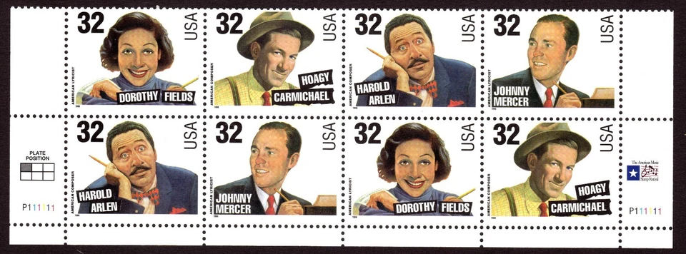 Scott #3103a (3100-3103) Songwriters - 32¢ Stamp Plate Block of 8 Stamps - MNH - Image 1 of 1