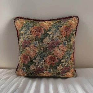 VTG Tapestry Feather Throw Pillow Botanical Leaf Print Heavy Fabric Zipper *READ - Picture 1 of 9