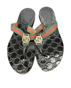 Gucci GG Lifford Thong Sandals EU 38 US 8 Black Monogram Flat Slide Flip Flop - Picture 1 of 8