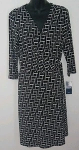 NWT Chaps Black&White V-neck 3/4 Sleeve Faux Wrap Around Knee Length Dress Sz L - Picture 1 of 13