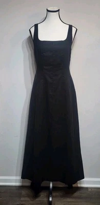 NUEVO CON ETIQUETAS JENNI KAYNE Kinney Vestido Midi de Lino Negro Talla M Cuello Cuadrado Algodón Forrado $445 Foto 1 de 4