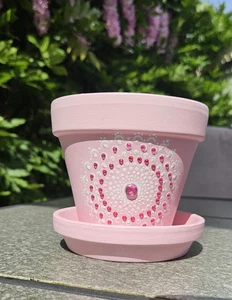 Hand-Painted Dot Mandala Terracotta Flower Pot and Dish (pink and white) NEW - Picture 1 of 1