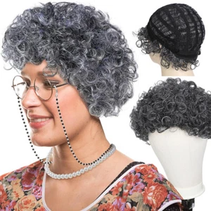 Granny Grey Short Curly Straight Wig with Grey Roots Ombre Grey Wigs Halloween - Picture 1 of 16