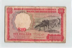 MALAYA & BRITISH BORNEO 10 Dollars 1961, P-9a, A/74 416961, Circulated. - Picture 1 of 2