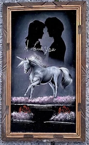 Vintage Romantic Unicorn I Love You Black Velvet Painting Framed Mexico - Picture 1 of 4