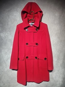 Tommy Hilfiger Wool Pea Coat Womens 6 Red Zip-up Button Removable Hood Pockets - Picture 1 of 13