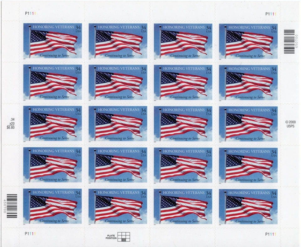 SCOTT #3508 US Flag Honoring Veterans Complete Sheet of 20 Stamps - MNH - Image 1 of 1