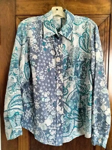 100% Silk Size Large L Coldwater Creek Blouse Blue Paisley Button-Down Shirt - Picture 1 of 5