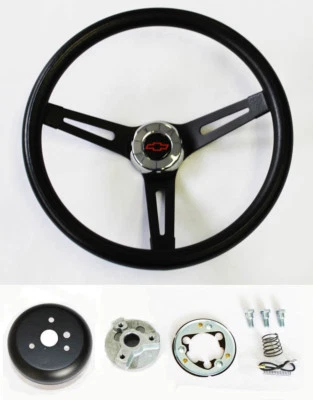 Chevy C10 C20 C30 Blazer Black on Black Steering Wheel 13 1/2" Rd/Blk Bowtie cap - Image 1 of 4