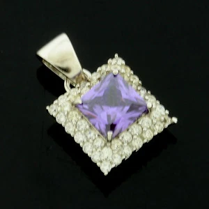 Sterling Silber Quadrat Amethyst Zirkonia Anhänger + Kette Geschenk Verpackt - Bild 1 von 1