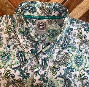 Cinch Shirt Men’s Medium Button Up Short Sleeve White Green Paisley Cotton - Picture 1 of 7