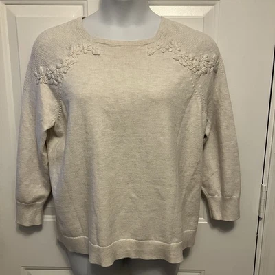 J JILL Women’s XL Cream Oatmeal Floral Embroidered Sweater Shirt Top - Image 1 of 4