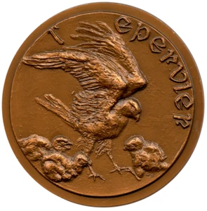 FRANCIA L'ÉPERVIER FALCO UCCELLINO RAME COPIA EDITORE MEDAGLIA DI SALEMBIER 76mm 198g - Foto 1 di 5