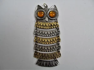 Vintage Owl Pendant Jointed Moveable Metal Pewter Gold Color Feathers 5.5" - Picture 1 of 4