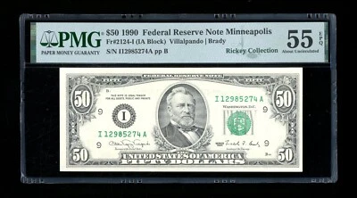 DBR 1990 $50 FRN Minneapolis Fr. 2124-I PMG 55 EPQ Serial I12985274A - Image 1 of 2
