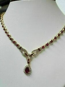 14.00CT Pear Cut Lab Created Ruby Collar Women's Necklace 14K Yellow Gold FInish