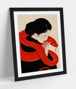 JAPANESE GEISHA WITH RED SNAKE -FRAMED WALL ART POSTER PAPER PRINT - Picture 1 of 10