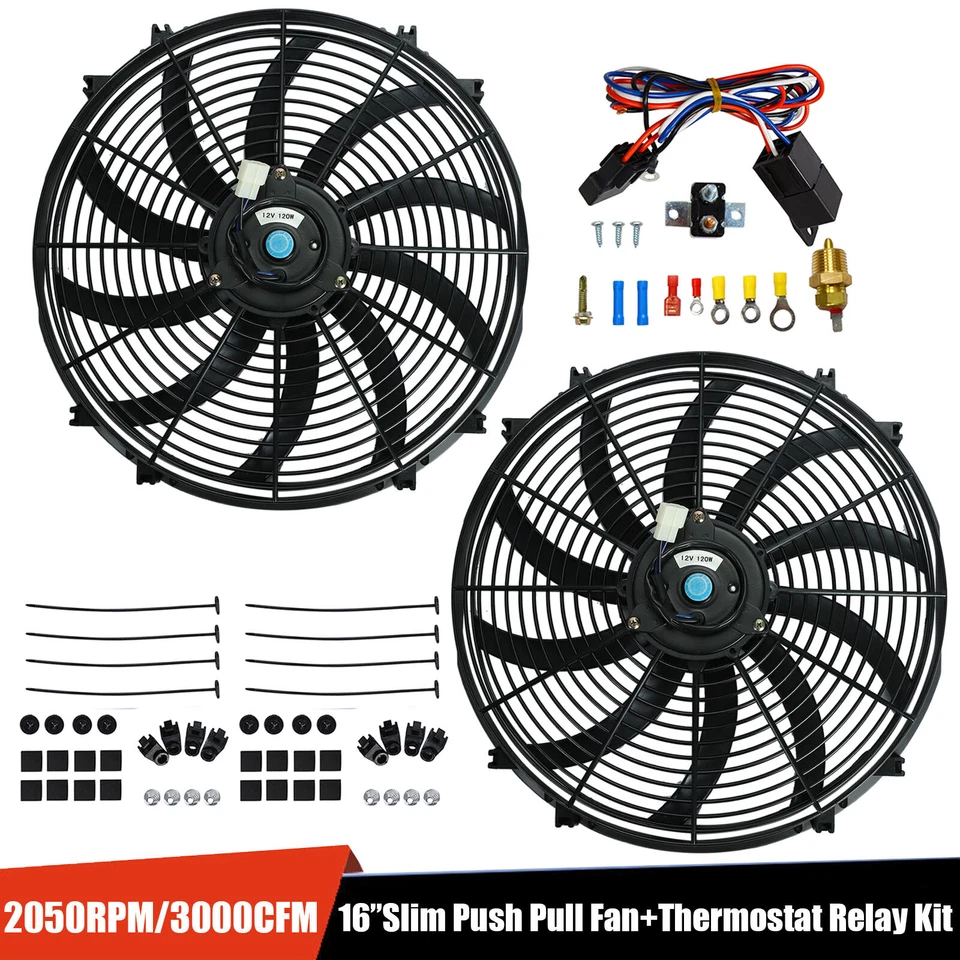 2PCS 16" INCH ELECTRIC RADIATOR SLIM FAN WITH THERMOSTAT WIRING SWITCH RELAY KIT Foto 1 de 4