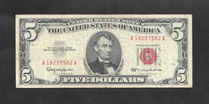 U.S. $5 Legal Tender Series 1963 Red Seal -Circulated - Picture 1 of 2