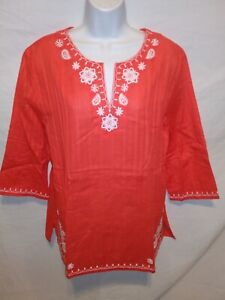 Alfred Dunner 16P~Orange Cotton Embroidered Beaded 3/4 Slv Boho Tunic Top~NWT~2A